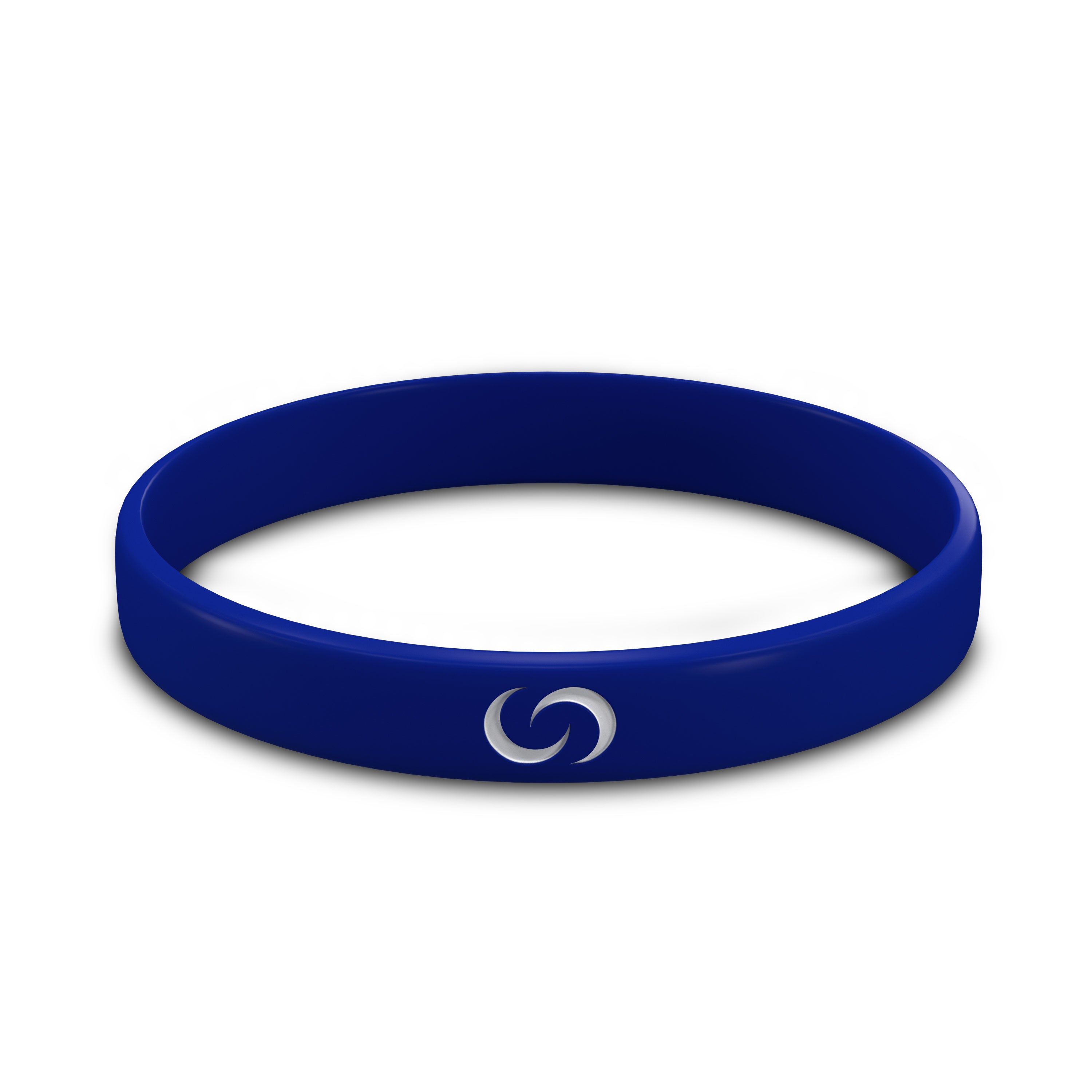 Blue wristband with a white logo on a white background