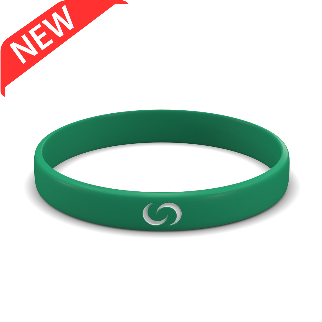 Green wristband with a logo on a white background, featuring a red 'NEW' label.