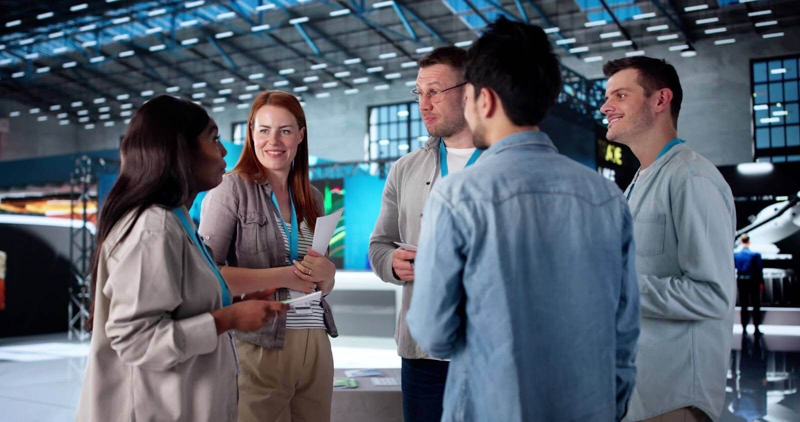 industry professionals networking during a trade show 
