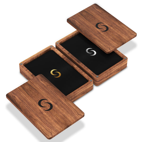 Wooden jewelry box with black NFC card and Contact Co logo on a white background