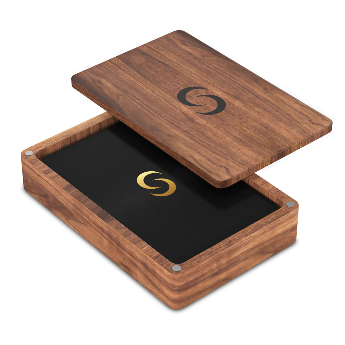 Wooden box with a black NFC Card and logo on a white background