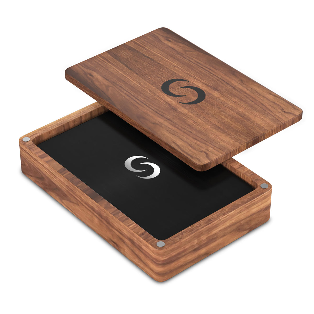 Wooden box with a black NFC Card and logo on a white background