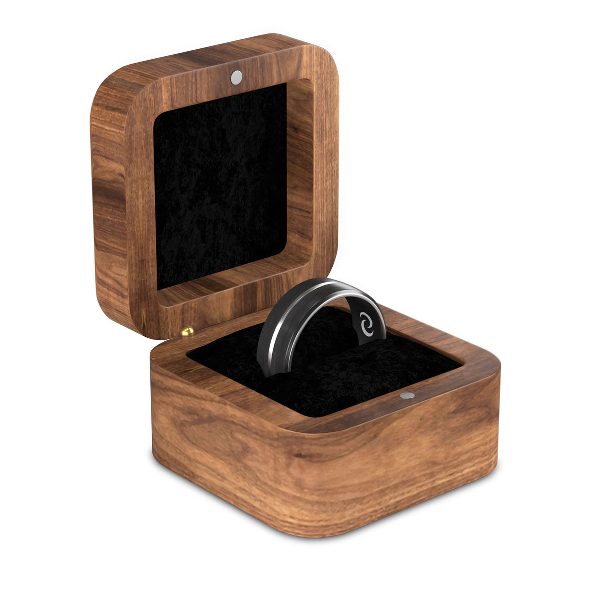 Wooden jewelry box with a silver NFC ring inside on a white background