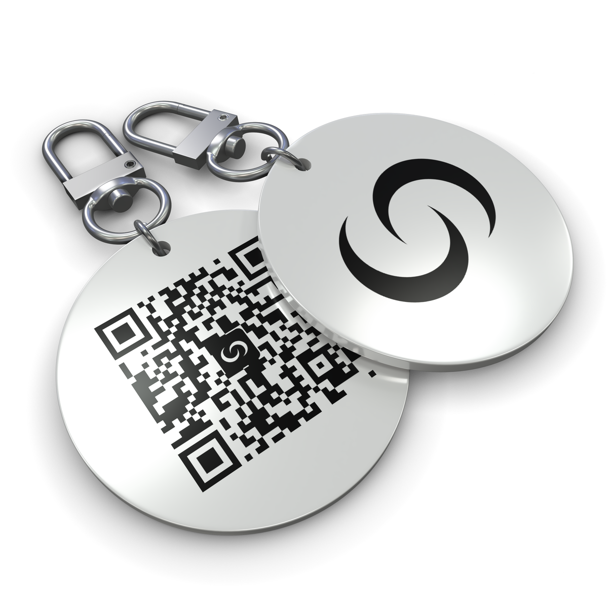 A white smart keychain with a QR code and a logo on the front, attached to a metal keyring.