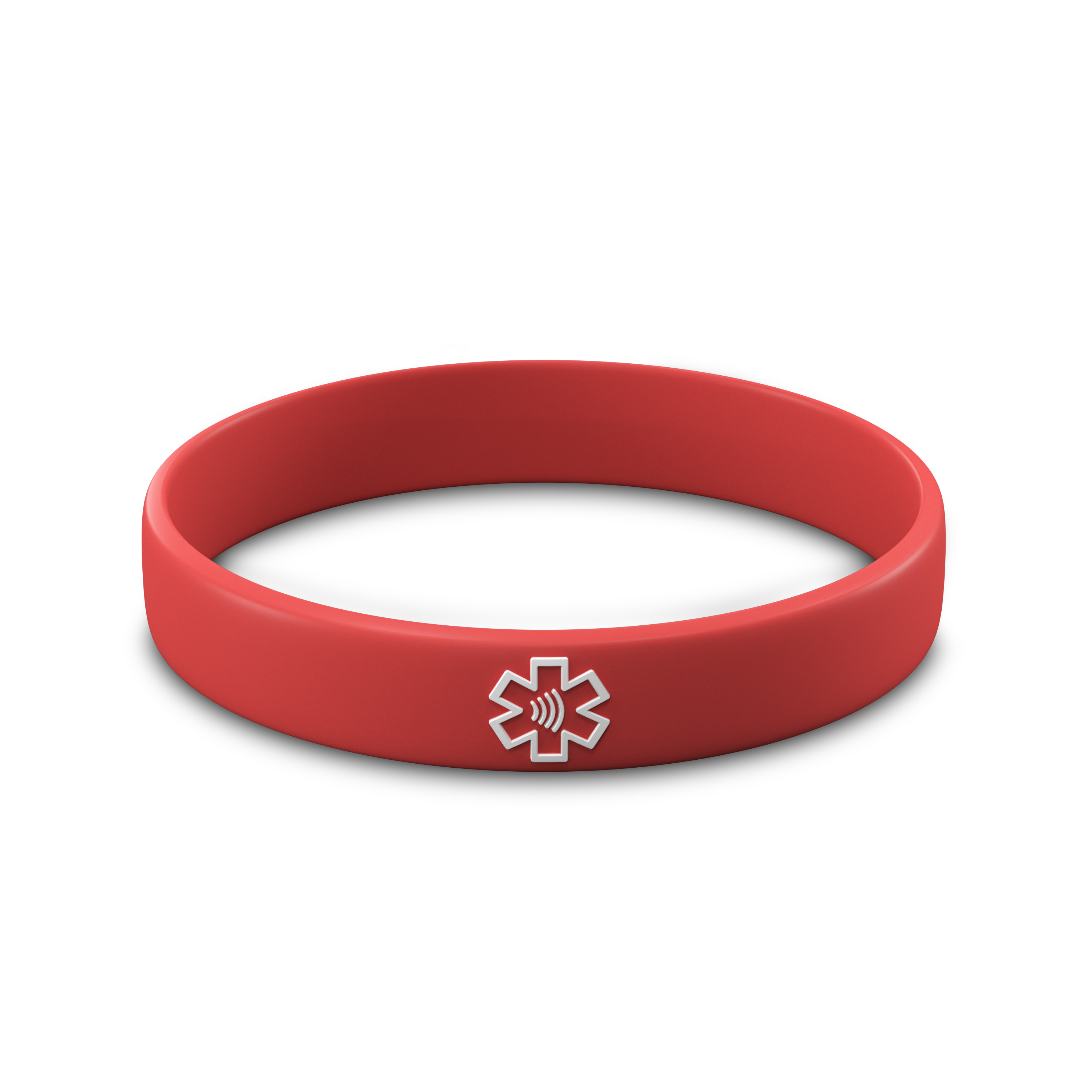 A red silicone band with a white medical alert symbol on it, designed for emergency medical identification.